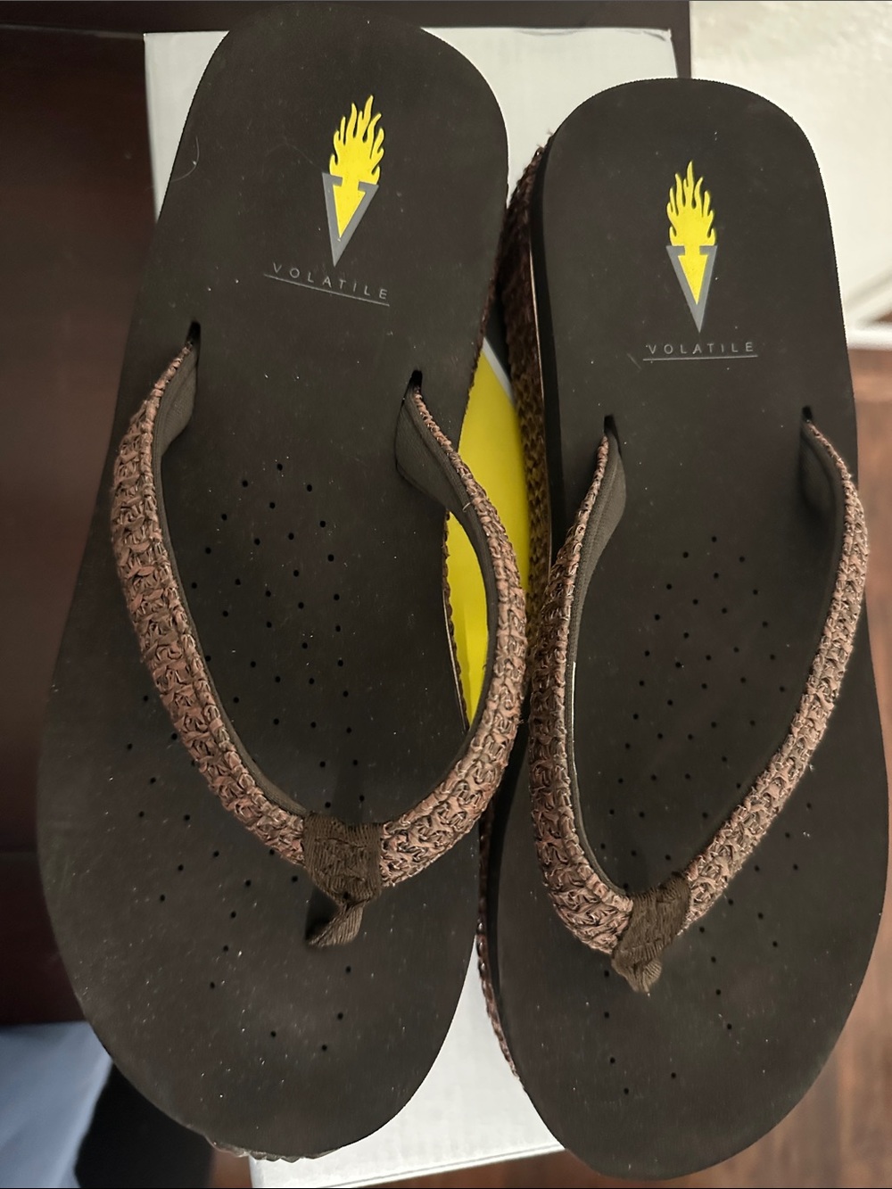 Volatile Brown Braided Thong Sandals with Black Footbed